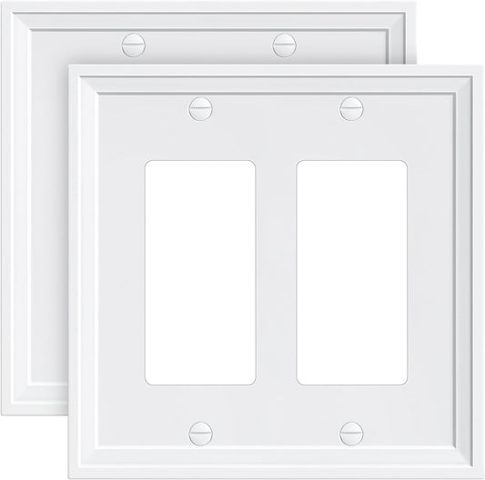 2-Pack Double Decorator Outlet Cover Plate, White Decorative Switch Plates and Outlet Covers, Natural Bamboo Fiber Wall Plates for Electrical Outlets, Receptacle, GFCI Outlet, Dimmer Switch