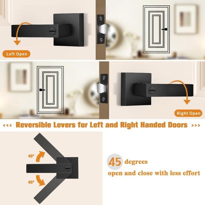 Probrico Interior Black Door Handle, Heavy Duty, Flat Square Privacy Door Handles, Keyless Door Levers Lockset for Bedroom and Bathroom (6 Pack, Modern)