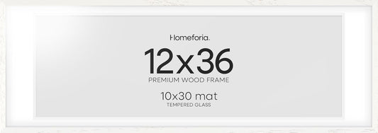 Homeforia 12x36 White Picture Frame, High End Oak 12x36 Wood Poster Frames with Mat 10x30 Art, 12 x 36 White Wooden Frames Matted to 10 by 30, 36x12 Panoramic Frame, Tempered Glass, Wall Kit, Set of 1