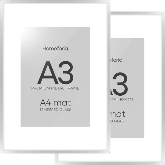Homeforia A3 Picture Frame Silver, High End Metal 11.7 x 16.5 inch Poster Frames with Mat 8.3 by 11.7 for Photo, A3 Size Frames Matted to A4 Art, 11.7x16.5 Wall Hanging Frame, Tempered Glass, Set of 2