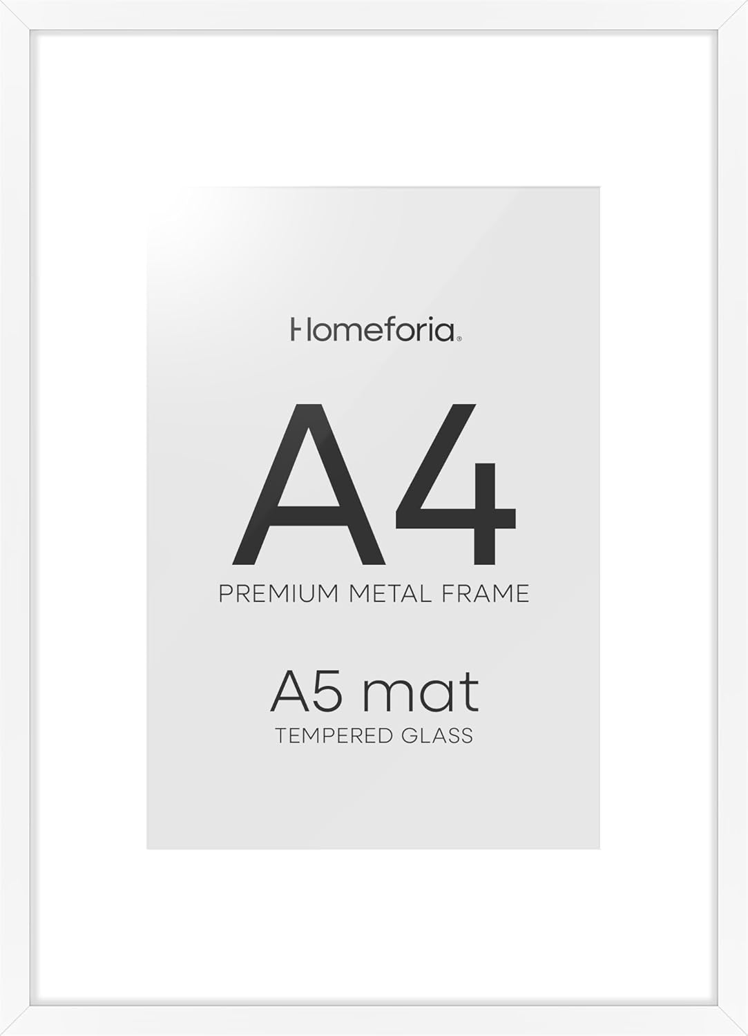 Homeforia A4 Picture Frame White, High End Metal 8.3 x 11.7 Frames for Wall, A4 Photo Frame with Mat for A5 inch Print, 8.25 by 11.75 White Poster Frames, 8.3x11.7 Frame with Glass, Wall Kit, Set of 1