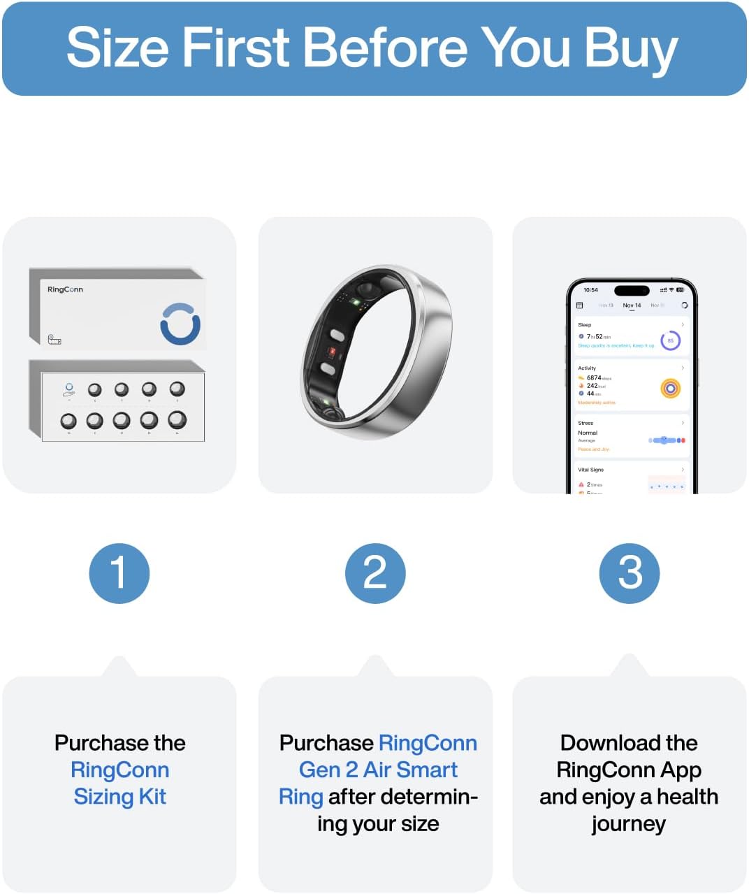 RingConn Gen 2 Air, Ultra-Thin AI Smart Ring, 10-Day Battery Life, Fitness/Sleep/Stress/HR Tracker for Women&Men, No App Fee for Standard Features, iOS & Android Compatible (Size 14, Galaxy Sliver)