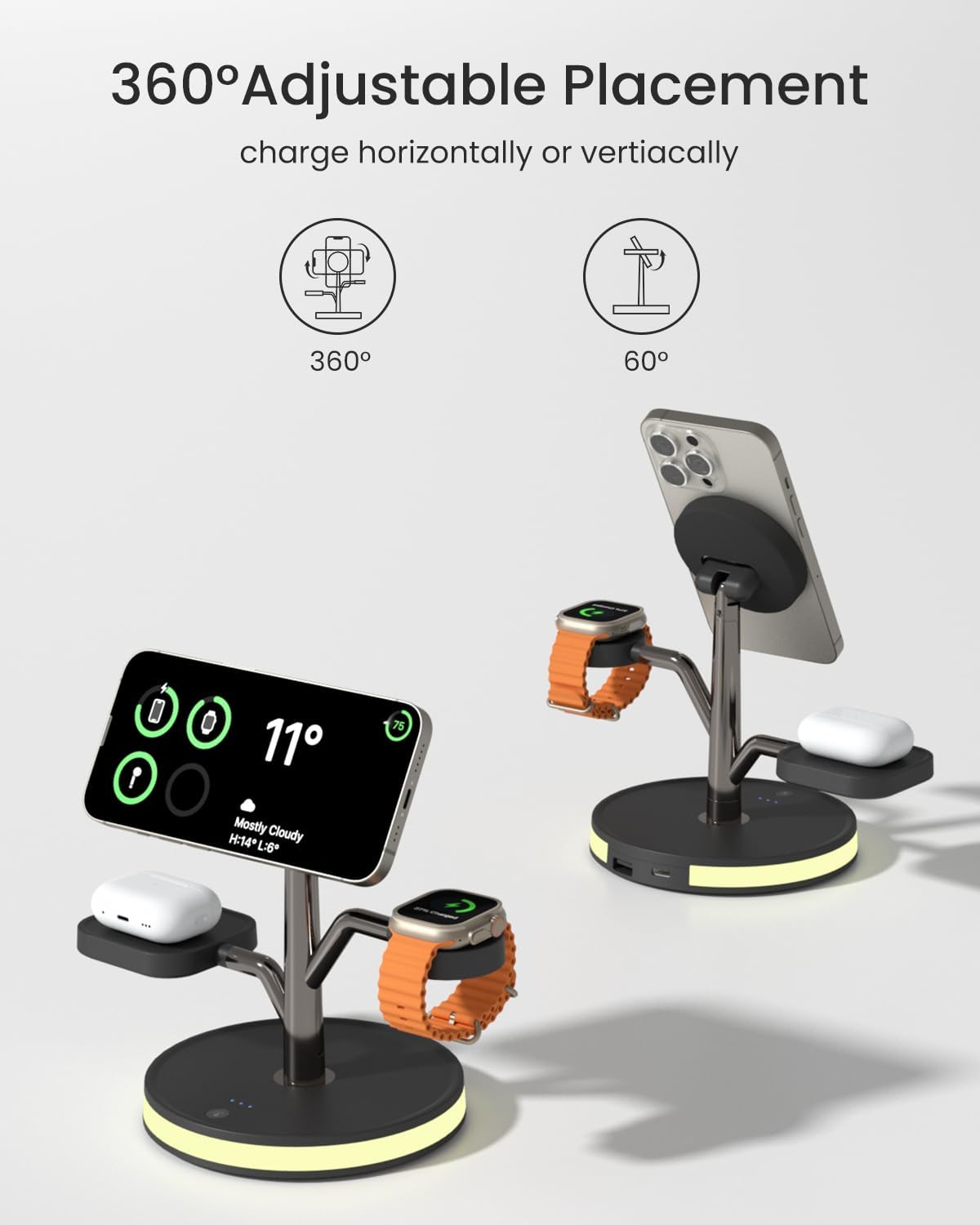 3 in 1 Charging Station for Apple Devices, Fast Charging Magsafe Charger Stand with LED Light and 20W PD Adapter, Wireless Nightstand Charger for iPhone17/16/15/14/13/12 Series,AirPods,iWatch and More