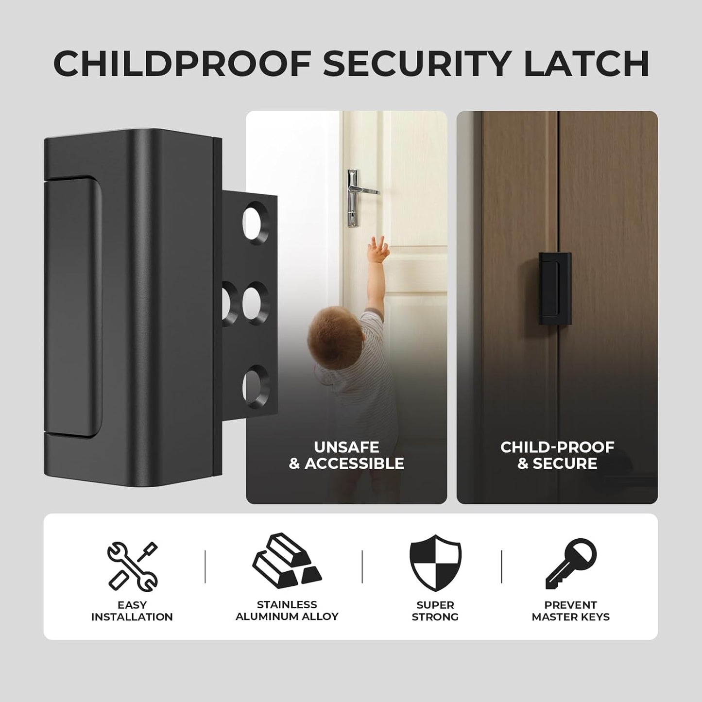 3Pack Home Security Door Reinforcement Lock Childproof, Door Locks for Kids Safety, Door Lock Latch Stopper for Front Door Inside Top of Door, Aluminum Construction Finish