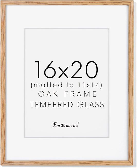 16x20 Picture Frame for Wall, 16 x 20 Solid Oak Wood Frames, Tempered Glass, 16x20 Picture Frame with Mat for 11x14, 16 by 20 Wood Frames, 16 x 20 Matted Poster Frame, Natural Oak Color
