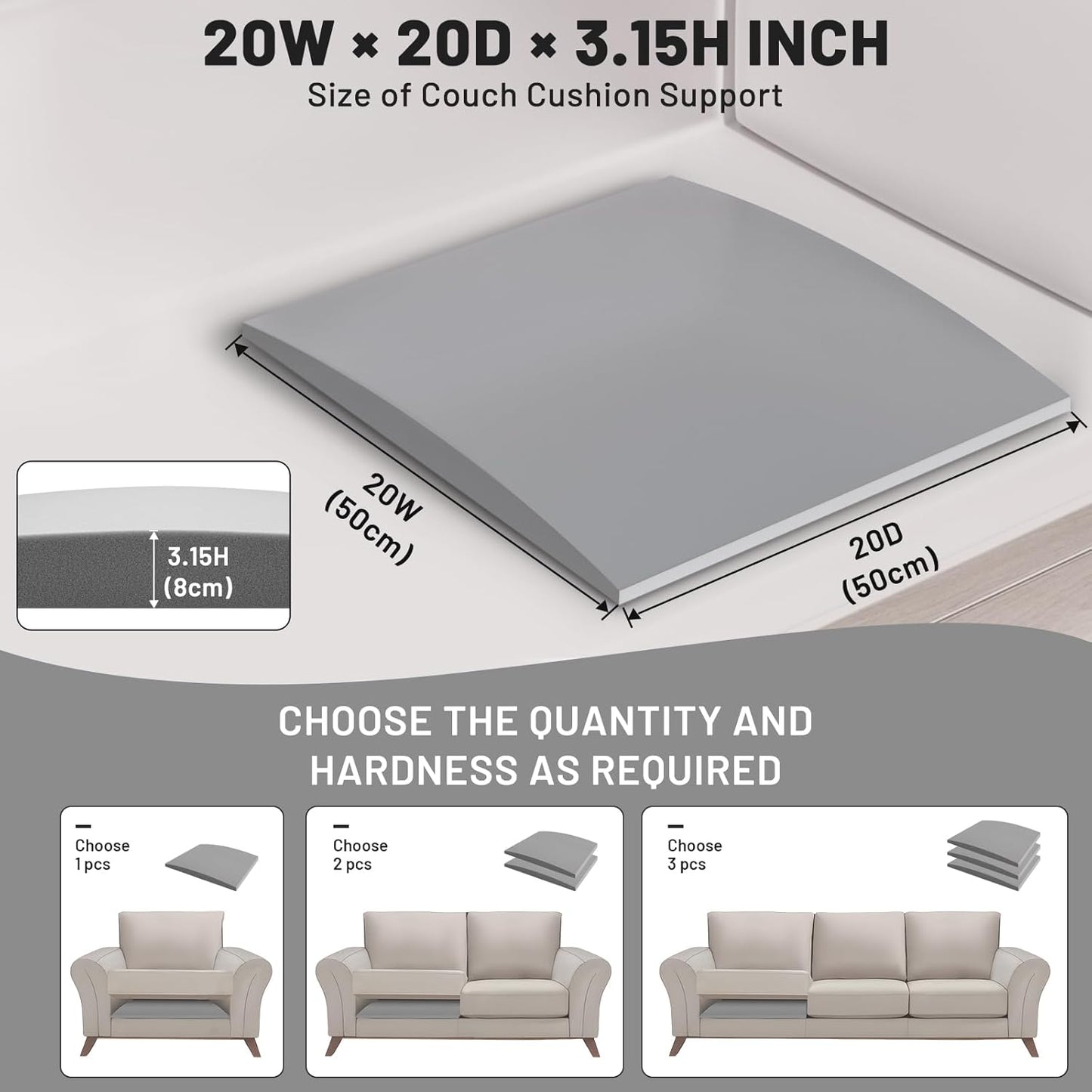 Couch Cushion Support for Sagging Seat – 3 Pack 20x20x3.15 Inch Sofa Cushion Board Saver & Replacement Insert for Saggy Couch or Chair, Quick No-Tool Install with 40D High Density Foam