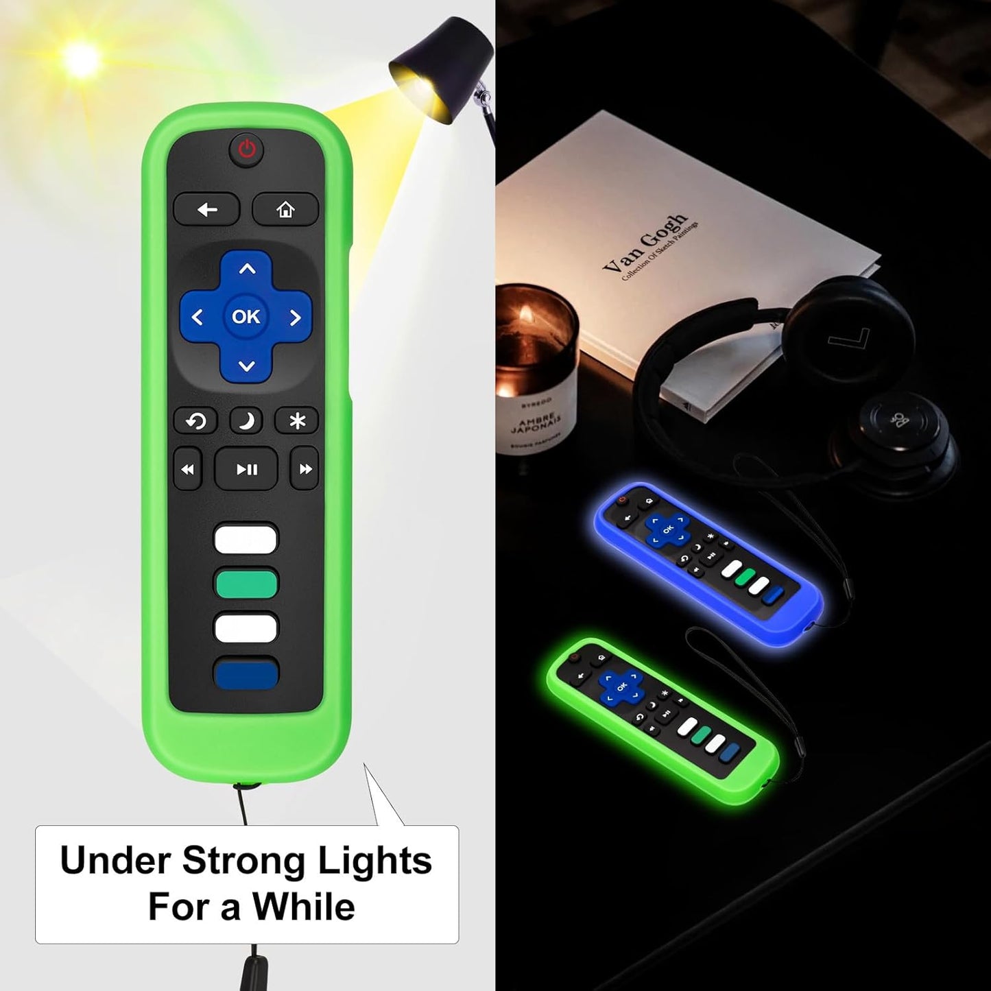 (Pack of 2) Remote Cover Case for Roku TV Remote Control/Silicone Protective Sleeve Skin - Glow in The Dark (Green/Blue)