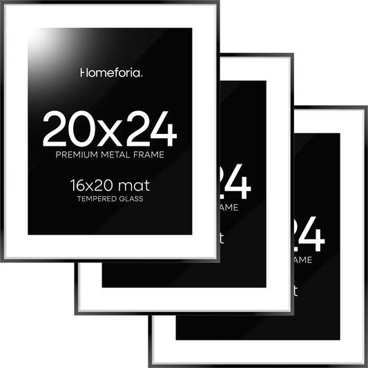Homeforia 20x24 Picture Frame Black, High End Metal 20x24 Frame Matted to 16x20 Print, 20 x 24 Black Poster Frames with Mat 16 by 20 inch Photo, 24x20 Hanging Frame, Tempered Glass, Wall Kit, Set of 3