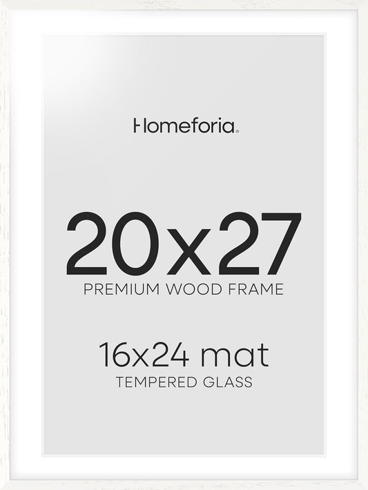Homeforia 20x27 White Picture Frame, High End Oak 20x27 White Wooden Poster Frames with Mat 16x24 for Print, 20 x 27 Wood Frame Matted to 16 x 24 Photo, 27x20 Frame, Tempered Glass, Wall Kit, Set of 1
