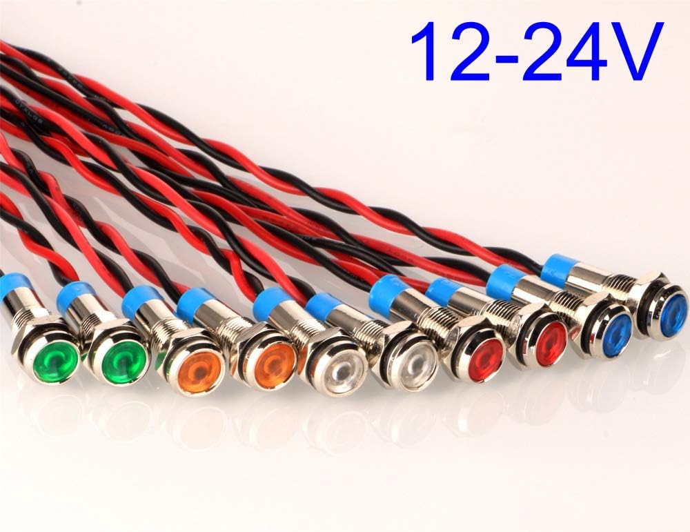 10pcs 6mm 1/4" AC/DC 12-24V LED Metal Indicator Light Waterproof Signal Lamp Pilot Dash Directional Car Truck Boat with Wire