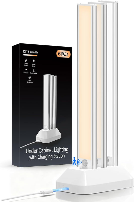 14in Under Cabinet Lighting with Charging Station, 3200mAh Rechargeable Motion Sensor Light Indoor, Magnetic Under Cabinet Lights for Kitchen, 3 Color Tempers Dimmable Closet Lights Wireless, 6-Pack
