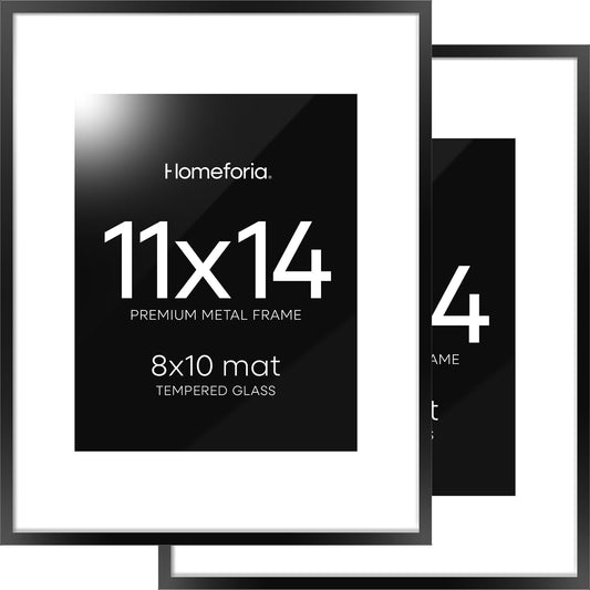 Homeforia Black 11x14 Picture Frame, High End Metal 11x14 Poster Frames with Mat 8x10, 11 x 14 Black Frame Matted to 8 x 10 inch Photo, 11 by 14 Thin Hanging Frames, Tempered Glass, Wall Kit, Set of 2