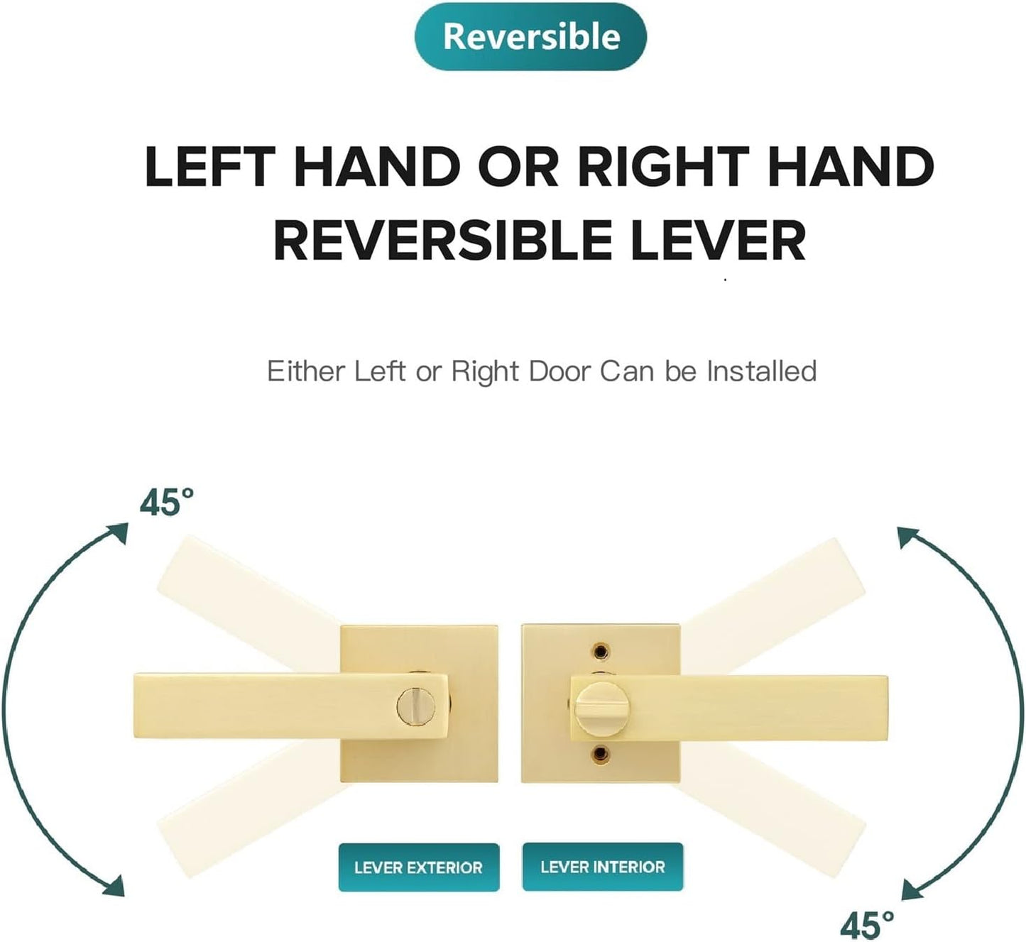 2 Pack Heavy Duty Bathroom Door Handle, Square Stain Brass Privacy Gold Door Locks,Interior Door Knob Locked Inside with Turn Thumb Left/Right Handed Reversible,Keyless