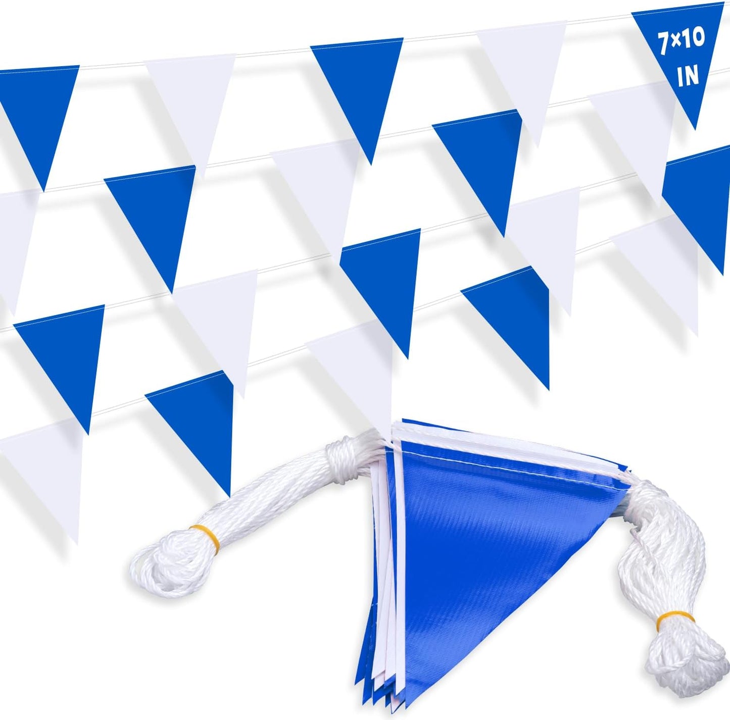 105ft Blue and White Pennant Banner Flag, 7"x10" Fluorescent Safety Flagging Banner Warning Flag for Construction Site/Boundary Barrier Signs, Perimeter Marking Flags on String, 45 Flags