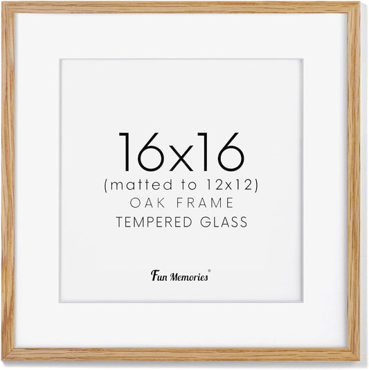 16x16 Oak Wood Picture Frame, 16"x16" Picture Frame Matted to 12"x12", Square Frame 16 x 16 with Real Glass, 16x16 Wood Frame for Wall - Beige Oak Color, 1 Pack