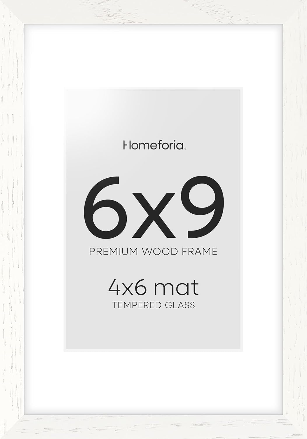 Homeforia 6x9 Picture Frame White, High End Oak 9x6 Wooden Frames with Mat 6x4 Print, 6 x 9 White Wood Frame Matted to 4 x 6 inch Photo, 6by9 Wall or Tabletop Frame, Tempered Glass, Wall Kit, Set of 1