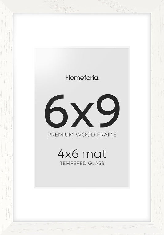 Homeforia 6x9 Picture Frame White, High End Oak 9x6 Wooden Frames with Mat 6x4 Print, 6 x 9 White Wood Frame Matted to 4 x 6 inch Photo, 6by9 Wall or Tabletop Frame, Tempered Glass, Wall Kit, Set of 1