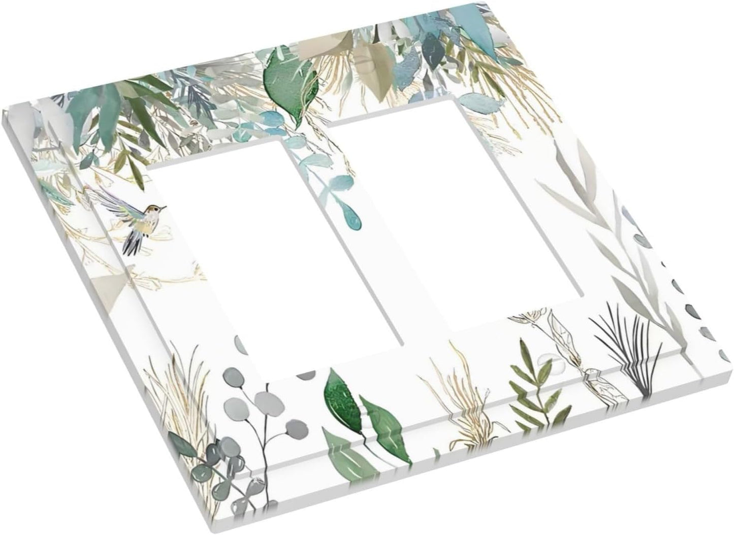 Green Tropical Palm Leaves Flower Plants Hummingbird Decorative Outlet Covers 2 Gang Double GFCI Rocker Electrical Wall Panels Light Switch Cover Plate for Bed Room Living Room Decor