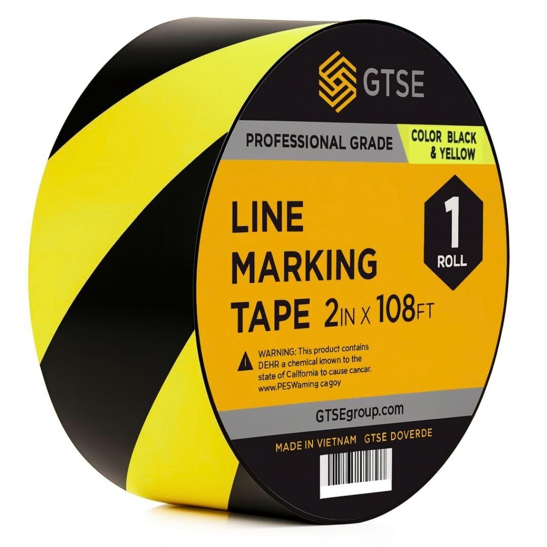 GTSE 2 inch x 108 ft Black/Yellow PVC Vinyl Floor Tape, 48 Rolls, Safety Marking Tape, 6 mil Thick, Suitable for Dance Floors, Gyms, Warehouses, Sports Facilities