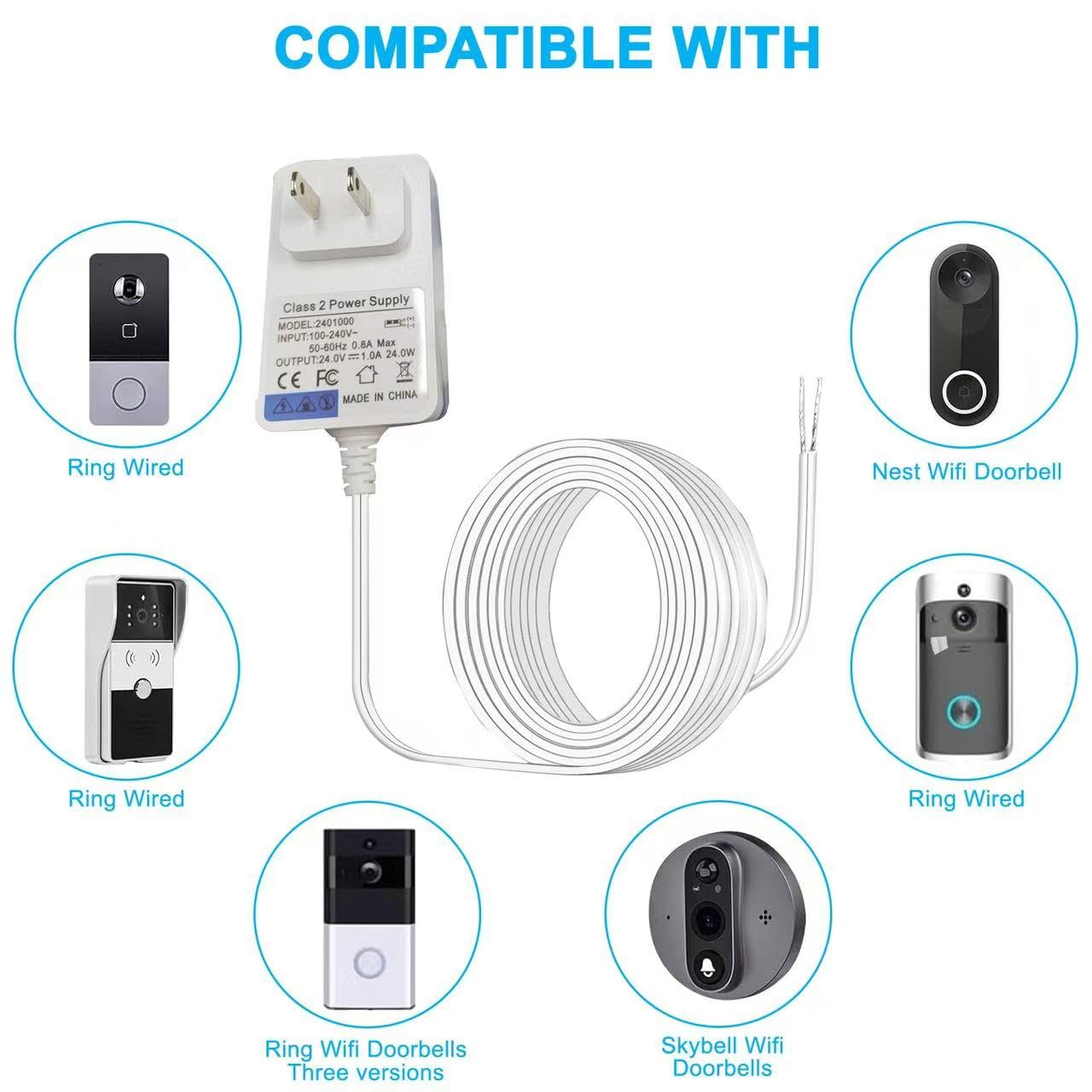 24VDC Video Doorbell Power Adapter, Power Supply Transformer for Ring, Nest, Eufy, Wyze, Arlo, 19.6 ft Cable, White