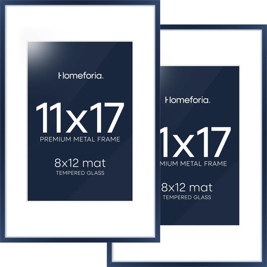 Homeforia 11x17 Picture Frame Navy Blue, High End Metal 11x17 Poster Frames with Mat 8x12 Photo, 11 x 17 Navy Blue Frames Matted to 8 by 12 Print, 17x11 Thin Frames, Tempered Glass, Wall Kit, Set of 2