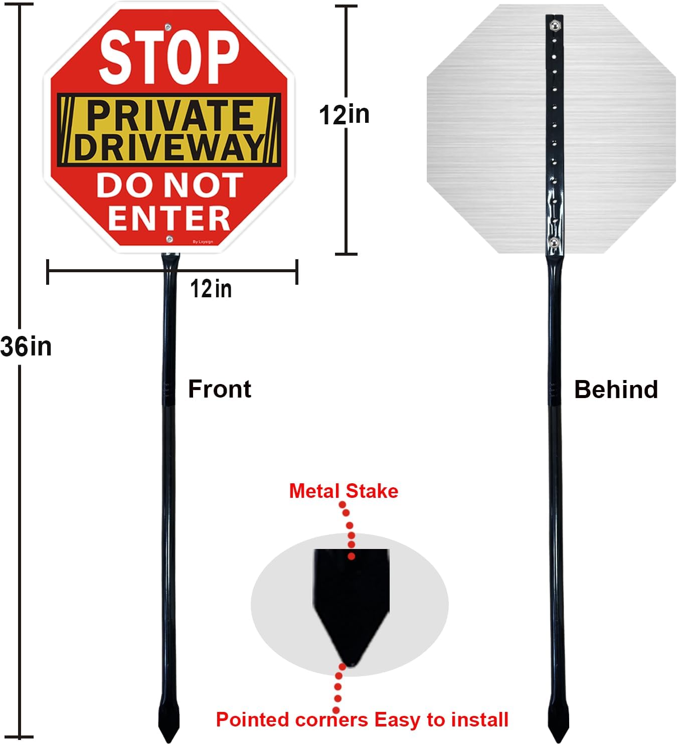 2Pack Stop Sign, Private Driveway Do Not Enter Sign with Stake, 36" Tall, 12" x 12", Reflective Aluminum