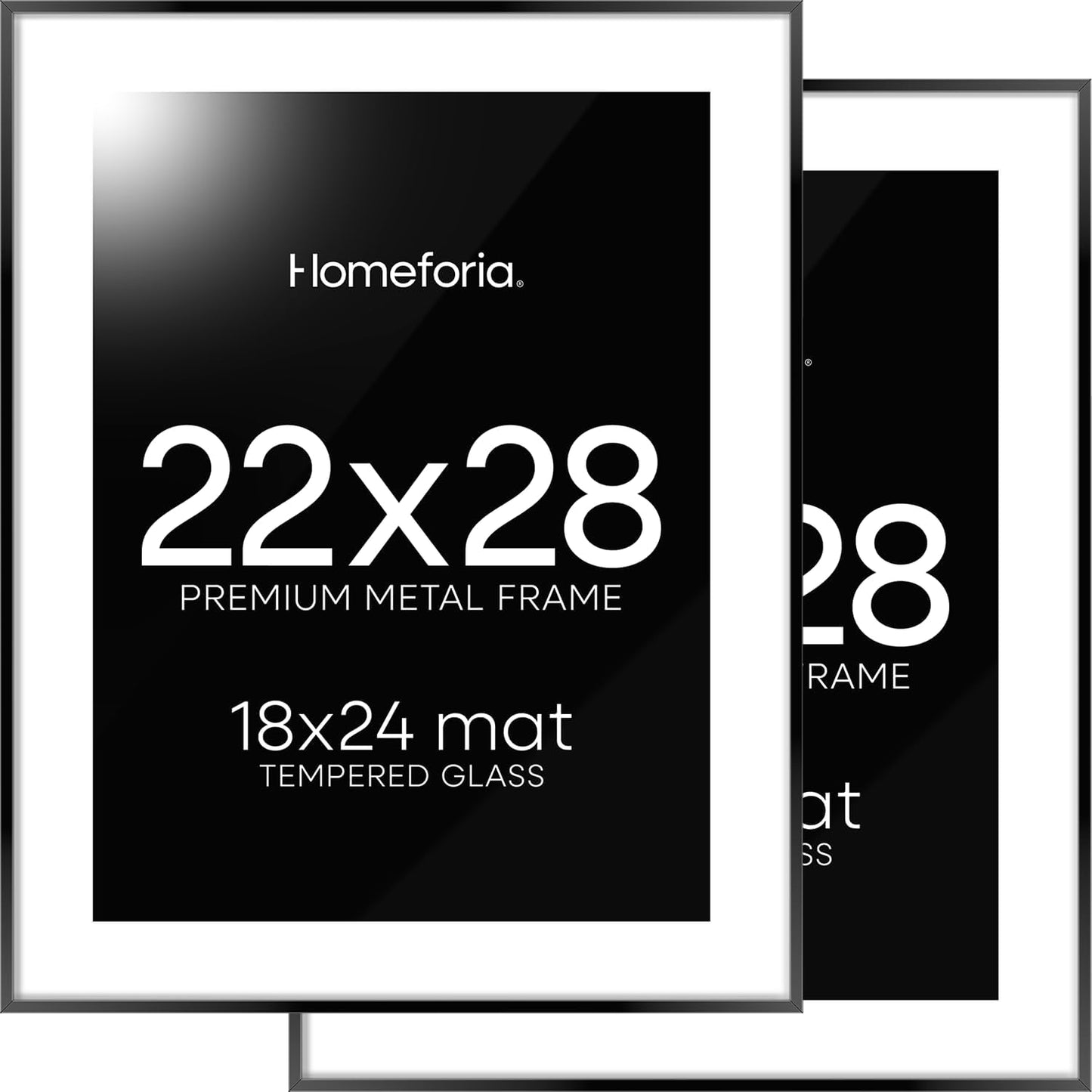 Homeforia 22x28 Poster Frame Black, High End Metal 22 x 28 Large Picture Frames with Mat 18 x 24 for Photo, 22x28 Thin Frame Matted to 18x24 inch Print, 28x22 Frame, Tempered Glass, Wall Kit, Set of 2