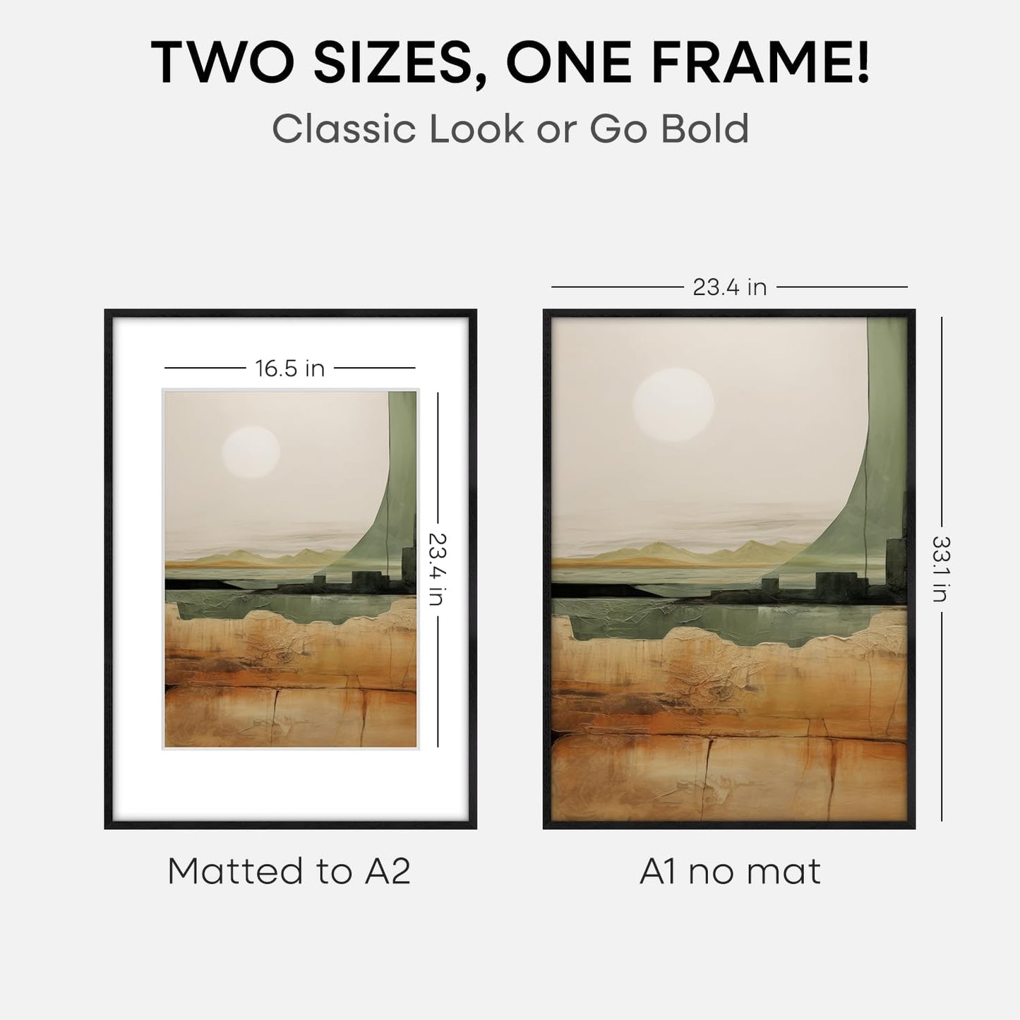 Homeforia Black Wood A1 Frame, High End Oak 23.4 x 33.1 Black Wooden Poster Frames Matted to 16.5 by 23.4 inches Photo, A1 Size Large Wood Picture Frame with Mat A2, Tempered Glass, Wall Kit, Set of 2