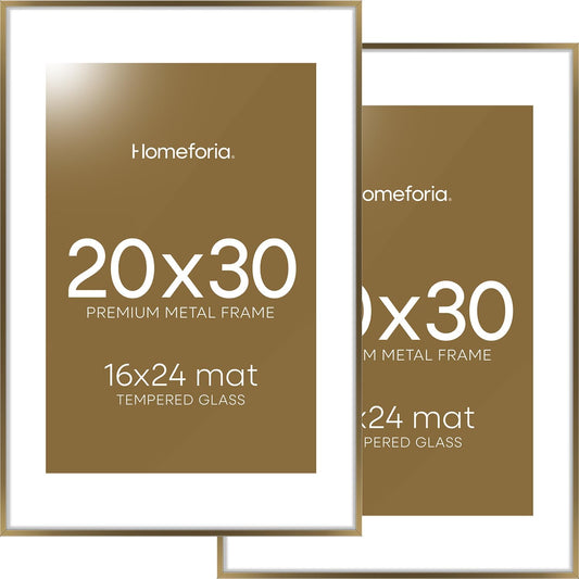 Homeforia 20x30 Picture Frame Bronze, High End Metal 20 x 30 Large Poster Frames with Mat 16 by 24 for Photo, 20x30 Brass Frame Matted to 16x24, 30x20 Hanging Frame, Tempered Glass, Wall Kit, Set of 2