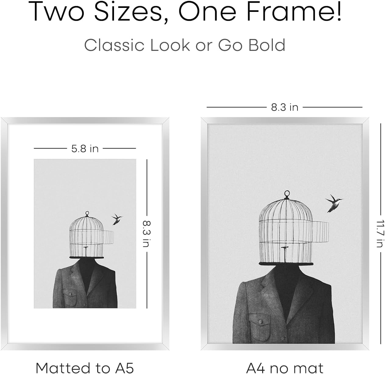 Homeforia A4 Picture Frame Silver, High End Metal 8.3 x 11.7 inch Silver Poster Frames with Mat 5.8 by 8.3 Art, A4 Frame Matted to A5 Photo, 8.3x11.7 Wall or Tabletop Frames, Tempered Glass, Set of 3