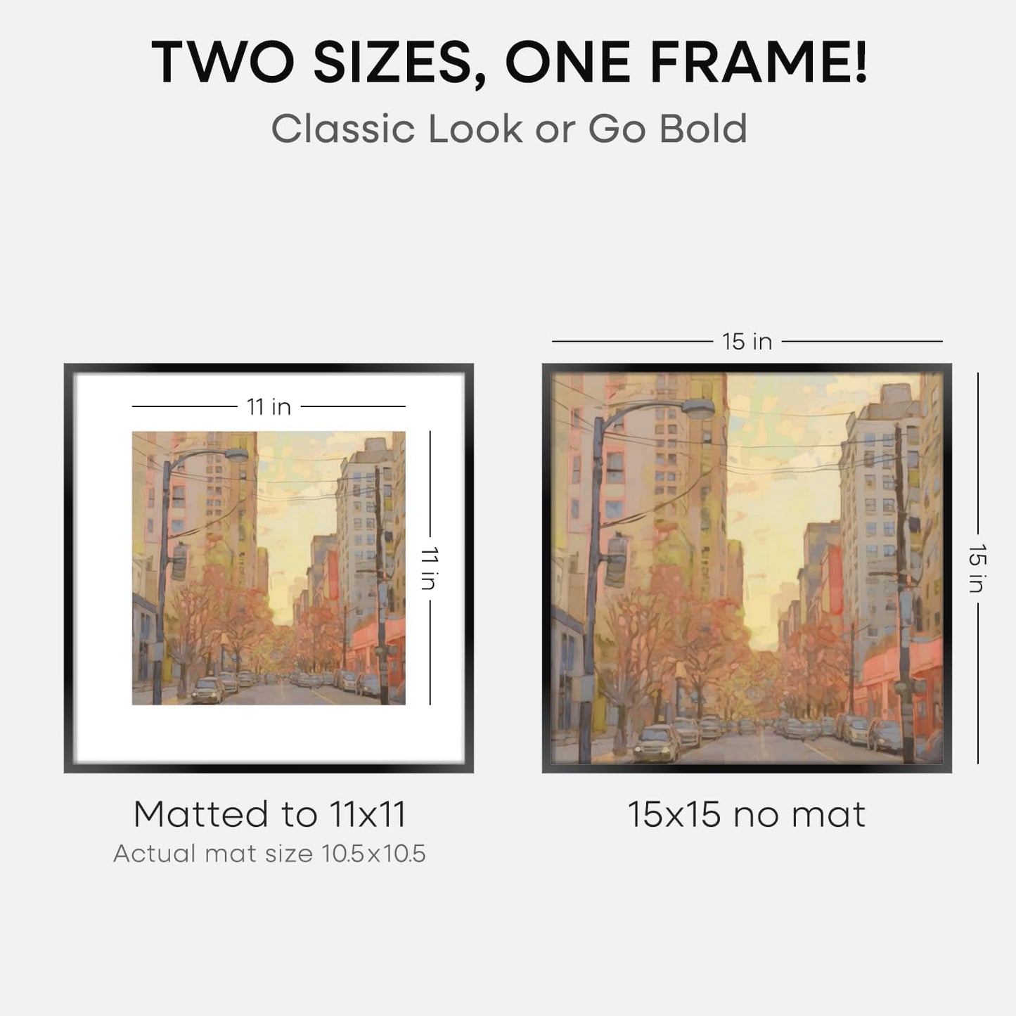 Homeforia 15x15 Picture Frame Black, High End Metal 15 x 15 Square Poster Frames with Mat 11 x 11 Photo, 15x15 Black Frame Matted to 11x11 Print, 15by15 Thin Frames, Tempered Glass, Wall Kit, Set of 3