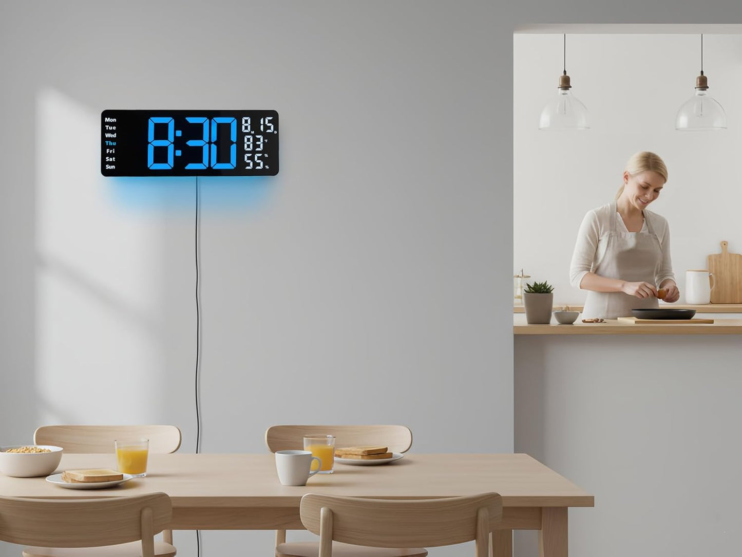 17.5 Inch Blue LED Digital Wall Clock with 8 Ambient Light Colors｜Displays Time,Date,Day,Temperature&Humidity,Dual Alarms,Countdown&Stopwatch,DST,10-Level Auto/Manual Brightness｜Modern Silent Clock