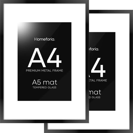 Homeforia A4 Picture Frame Black, High End Metal 8.3 x 11.7 Frames for Wall, A4 Photo Frame with Mat for A5 inch Print, 8.25 by 11.75 Black Poster Frames, 8.3x11.7 Frame with Glass, Wall Kit, Set of 2