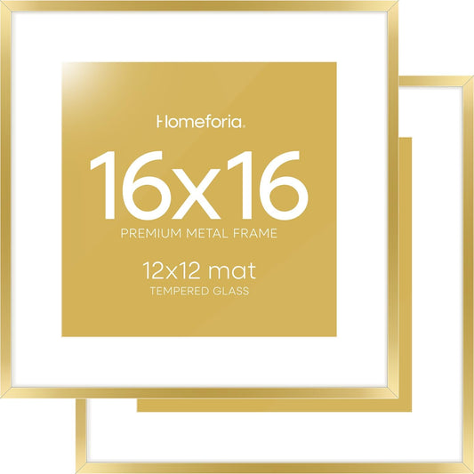 Homeforia 16x16 Picture Frame Gold, High End Metal 16 x 16 Square Poster Frame with Mat 12 x 12 Photo, 16x16 Frame Matted to 12x12 Print, 16by16 Gold Hanging Frames, Tempered Glass, Wall Kit, Set of 2