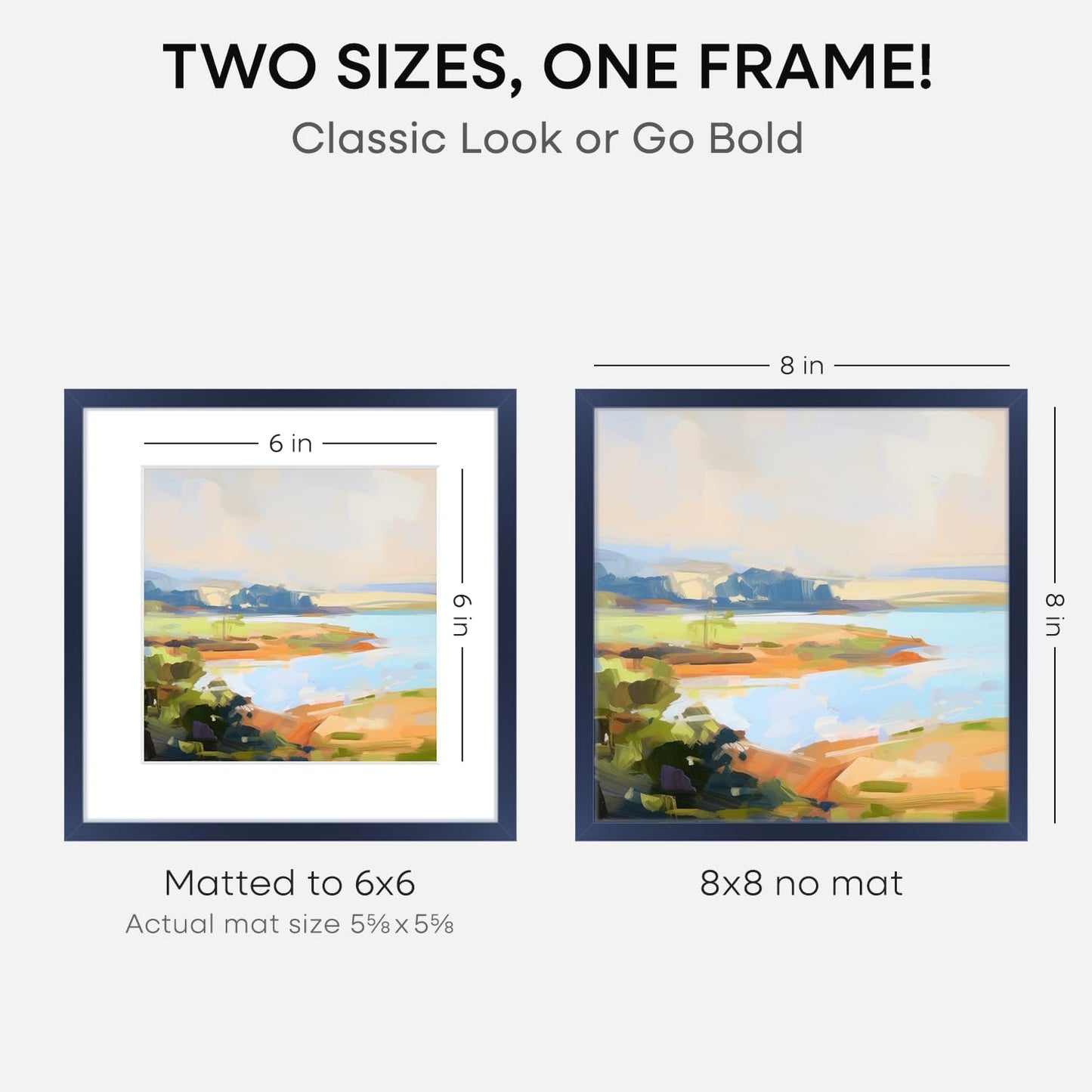Homeforia Navy Blue Frame 8x8, High End Metal 8 x 8 Square Picture Frames with Mat 6 x 6 Art, 8x8 Photo Frame Matted to 6x6 inch Print, 8by8 Wall or Tabletop Frames, Tempered Glass, Wall Kit, Set of 2