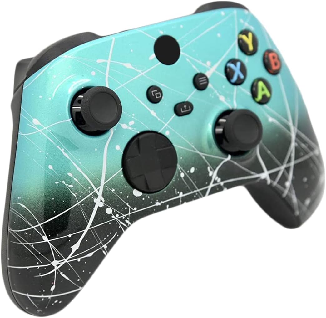 Hand Airbrushed Fade Custom Controller Compatible with Xbox Series X/S & Xbox One (Series X/S Teal & Black Fade W/Silver Splatter)