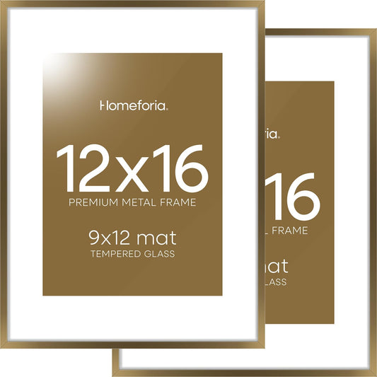 Homeforia 12x16 Picture Frame Bronze, High End Metal 12x16 Brass Poster Frames with Mat 9x12 Photo, 12 x 16 Bronze Frame Matted to 9 by 12 Print, 16by12 Thin Frames, Tempered Glass, Wall Kit, Set of 2