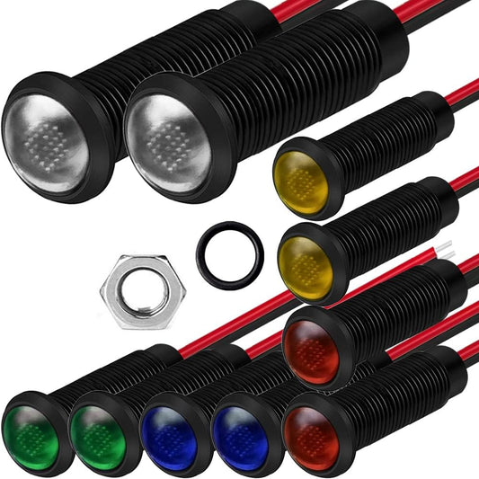 10pcs LED Plastic Indicator Pilot Light AC/DC 12-24V Mounting Hole Size 6mm(Red/Orange/Blue/Green/White)