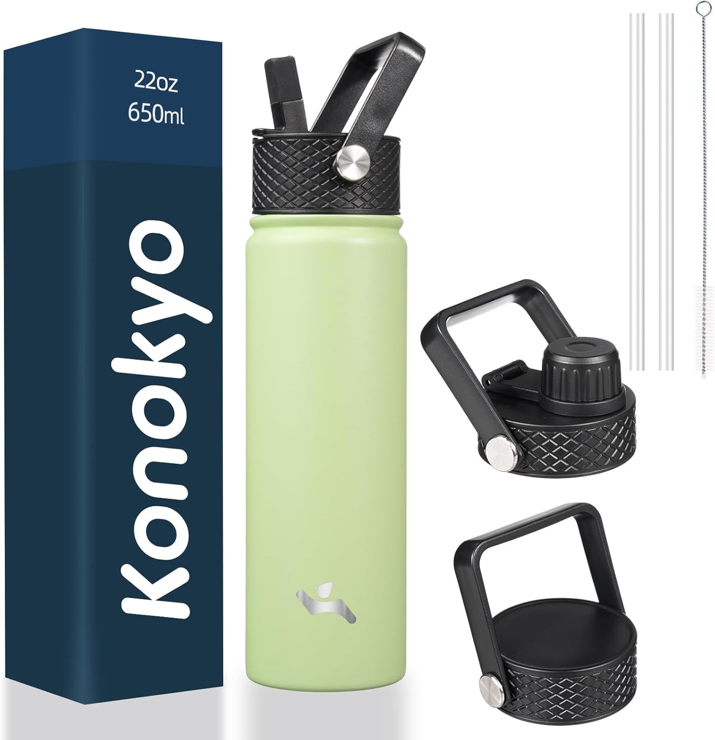 22oz Stainless Steel Bottles with 3 Lids Sport Insulated Water Bottle,Macaron Green