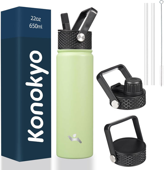 22oz Stainless Steel Bottles with 3 Lids Sport Insulated Water Bottle,Macaron Green