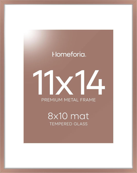 Homeforia Mocha 11x14 Picture Frame, High End Metal 11x14 Poster Frames with Mat 8x10, 11 x 14 Mocha Frame Matted to 8 x 10 inch Photo, 11 by 14 Thin Hanging Frames, Tempered Glass, Wall Kit, Set of 1