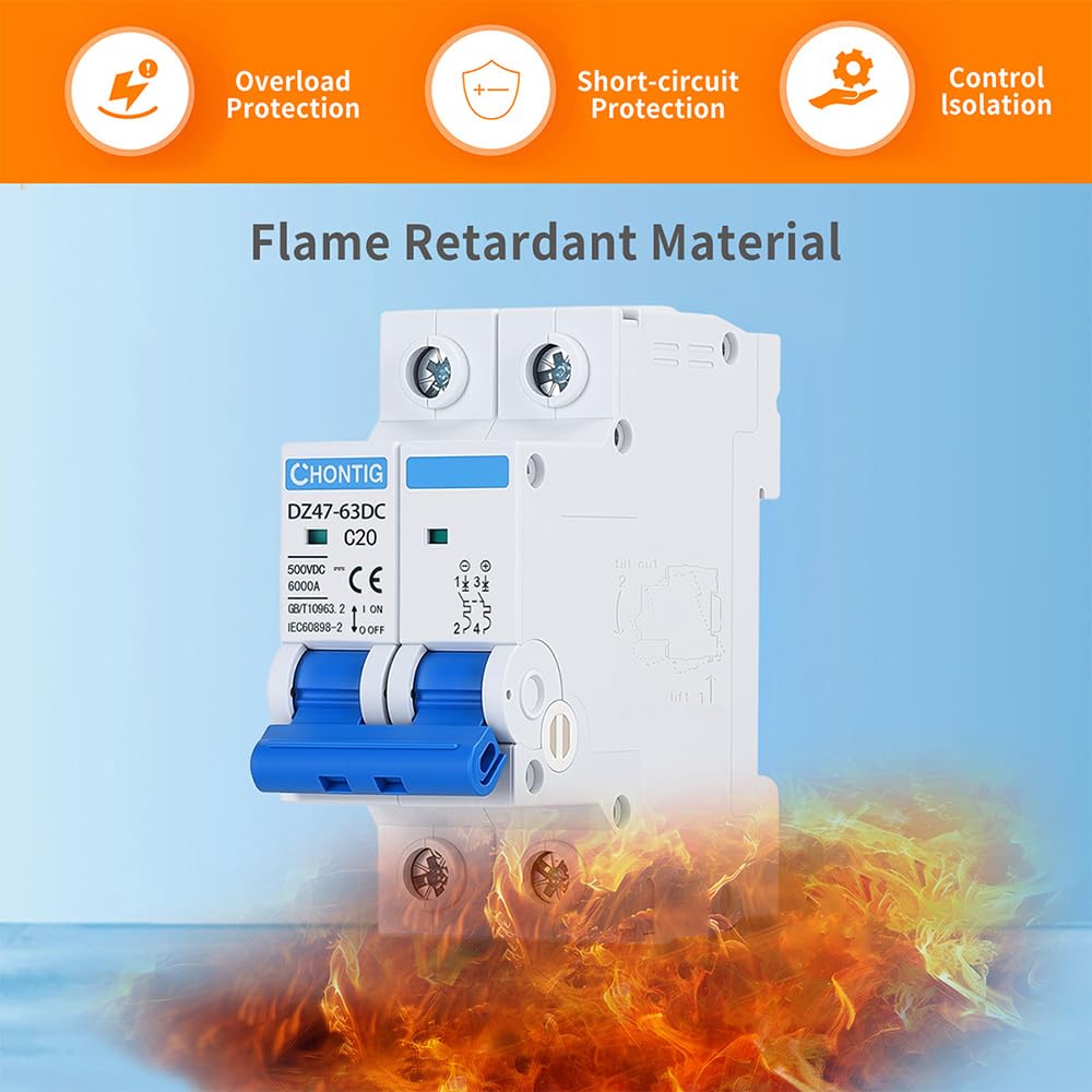 20 Amp Miniature DC Circuit Breaker 500V 2 Pole, Solar PV Disconnect Switch with Thermal Magnetic Trip, DIN Rail Mount Isolator C20