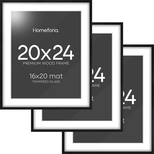 Homeforia Black Wood Frame 20x24, High End Oak 20x24 Wooden Picture Frames with Mat 16x20 Photo, 20 x 24 Poster Frame Matted to 16 by 20 Print, 24x20 Hanging Frames, Tempered Glass, Wall Kit, Set of 3