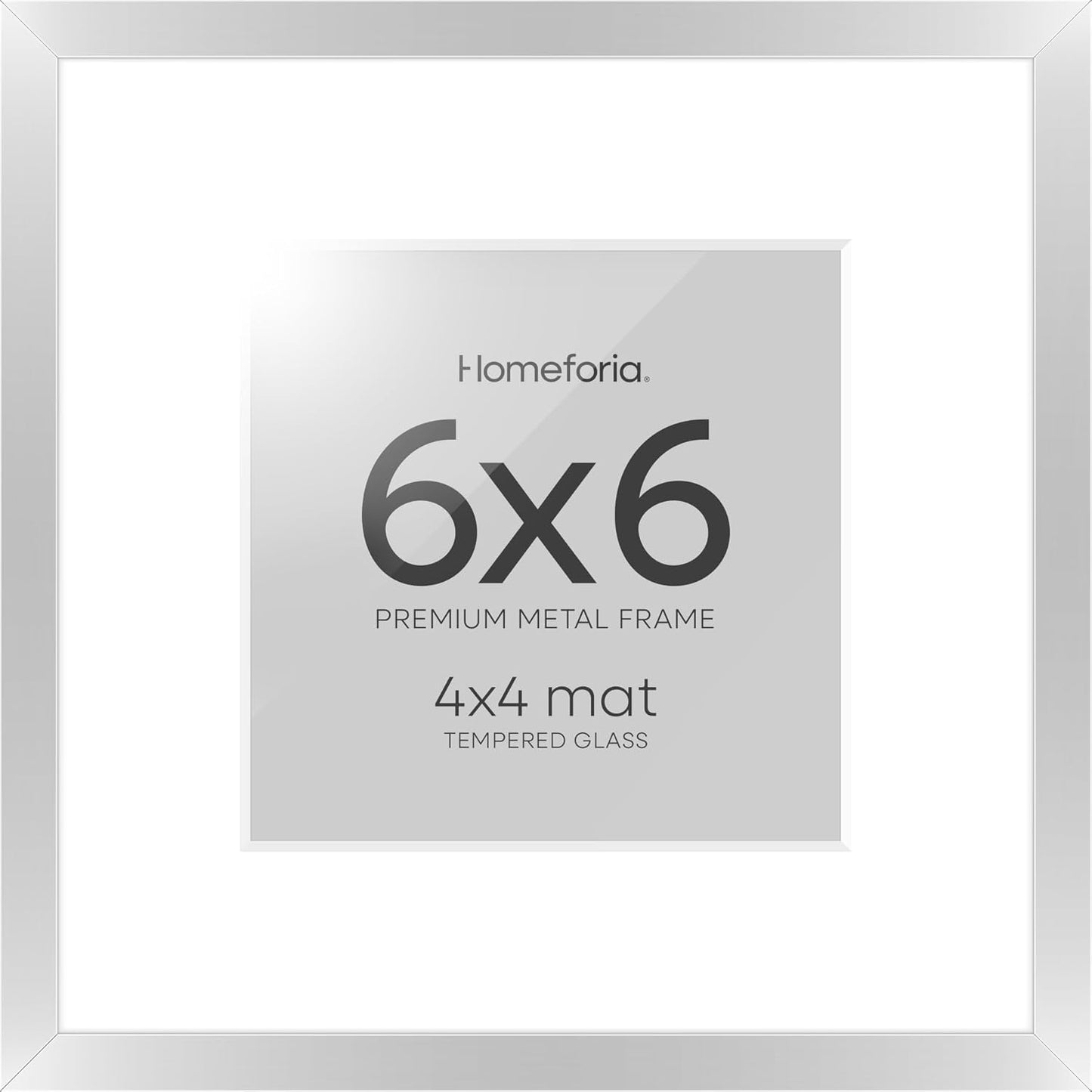 Homeforia 6x6 Silver Picture Frame, High End Metal 6 x 6 Square Frames with Mat 4 by 4 Photo, 6x6 Brass Frame Matted to 4x4 inch Print, 6by6 Wall or Tabletop Frames, Tempered Glass, Wall Kit, Set of 1