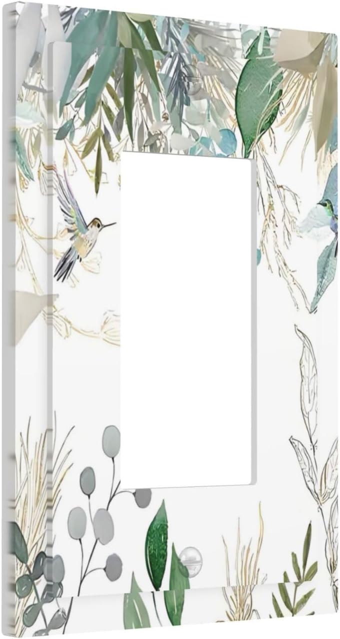 Green Tropical Palm Leaves Flower Plants Hummingbird Decorative Outlet Covers 1 Gang Single Rocker Light Switch Cover Plate Wall Plates GFCI Faceplate for Bed Room Living Room Decor