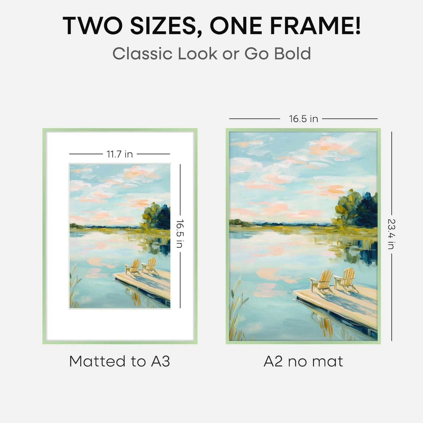 Homeforia A2 Poster Frame Sage Green, High End Metal A2 Picture Frame Sage Green with Mat A3 for Print, 16.5x23.4 Frame Matted to 11.7x16.5 Photo, 16.5 x 23.5 Frame, Tempered Glass, Wall Kit, Set of 2