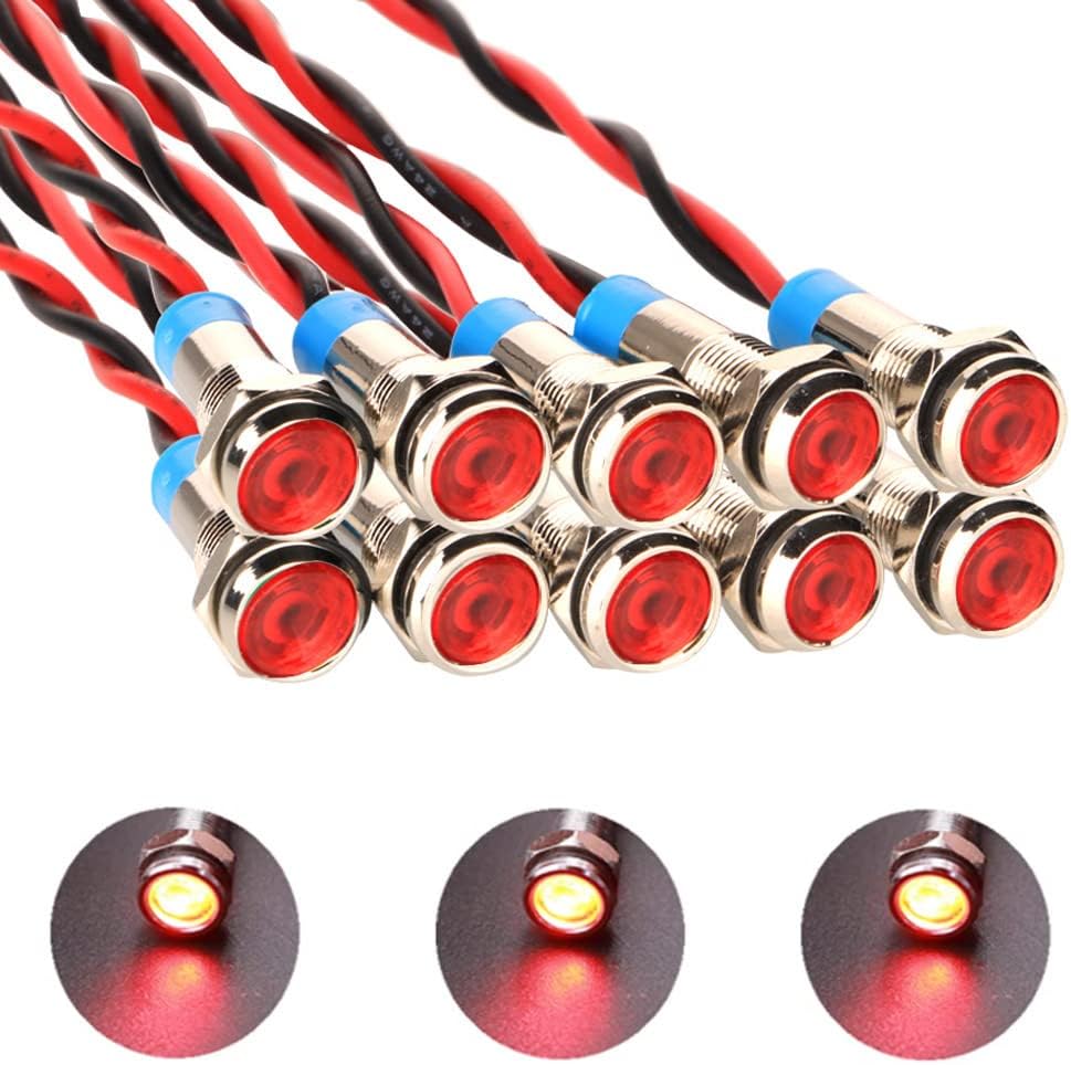 10pcs 6mm 1/4" LED Metal Indicator Light AC/DC 12-24V Waterproof Signal Lamp Pilot Dash Directional with Wire(Red)