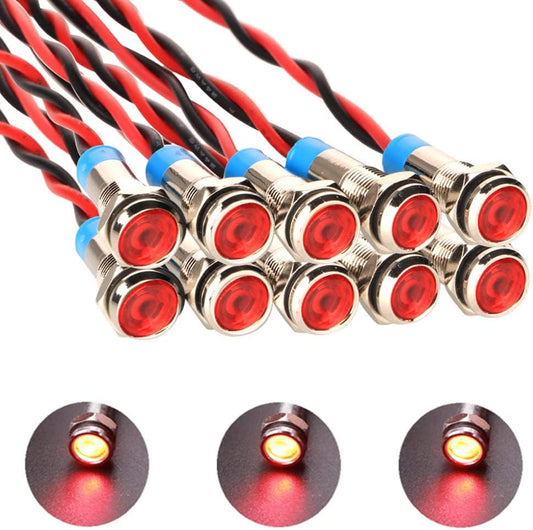 10pcs 6mm 1/4" LED Metal Indicator Light AC/DC 12-24V Waterproof Signal Lamp Pilot Dash Directional with Wire(Red)