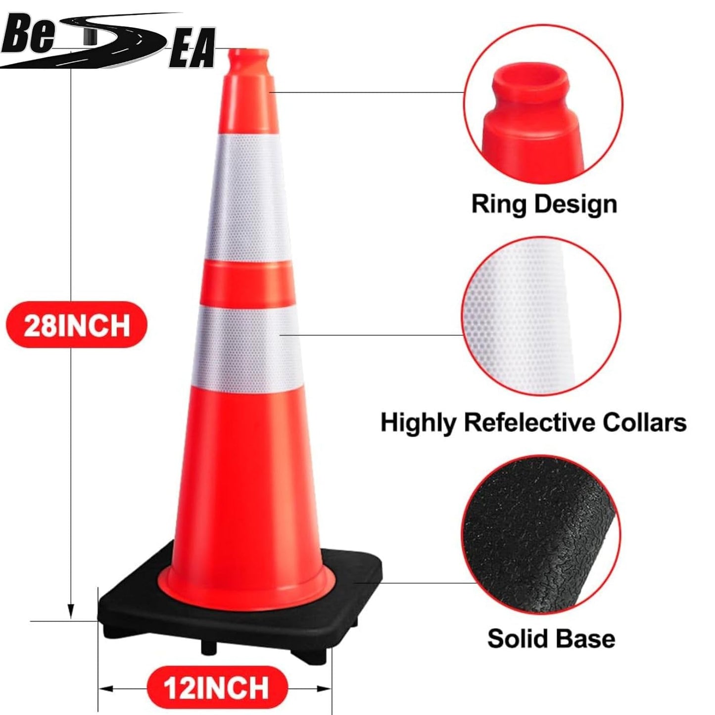 (8 Cones) BESEA 28” inch Orange PVC Traffic Cones, Black Base Construction Safety Cones Road Parking Cone Structurally Stable Wearproof (28" Height)