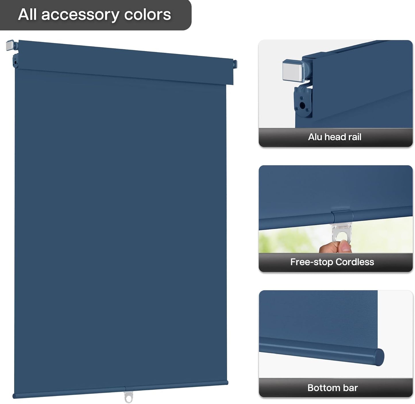 LazBlinds No Drill Blinds for Indoor Windows, Blackout Roller Shades, Cordless Window Blackout Blinds, Thermal Insulated Fabric UV Protection for Home and Office, 33.5" W x 48" H, Navy Blue